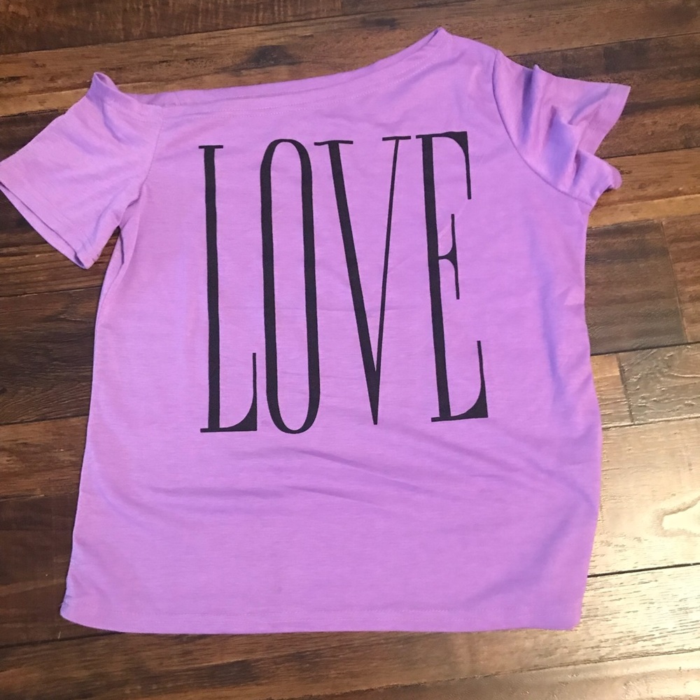 Purple off the shoulder LOVE tee NWOT